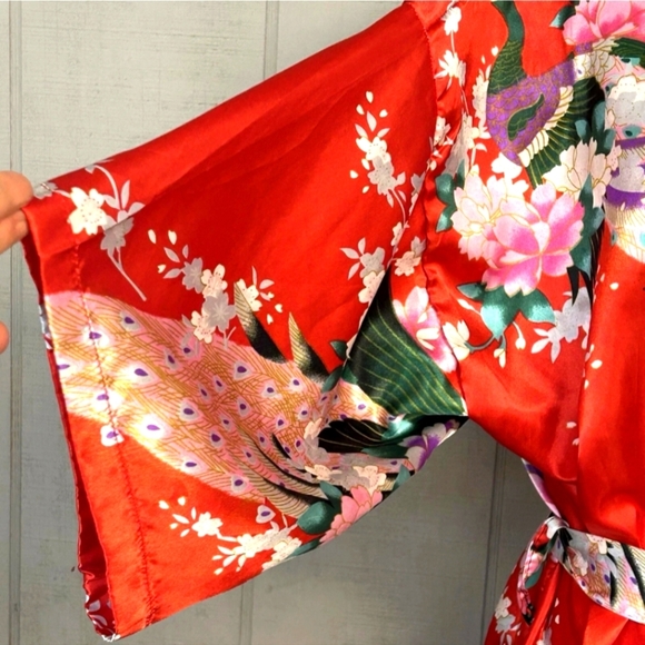 Aibrou Short Peacock Red Kimono Robe Satin With Belt Closure- XL NWT - Picture 3 of 4